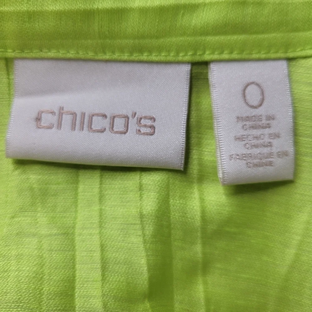 Chicos Blazer Size 0 S 4 Neon Green Open Front Embroidered Pockets Linen Blend